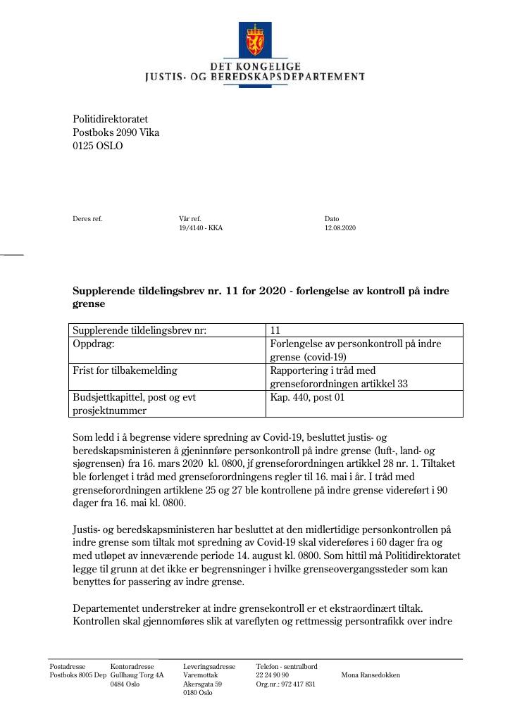 Forsiden av dokumentet Supplerende tildelingsbrev nr 11 2020 (PDF)