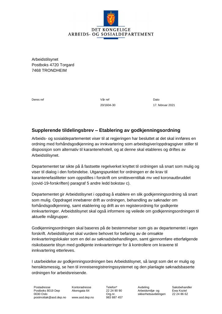 Forsiden av dokumentet Tildelingsbrev Arbeidstilsynet 2021 - tillegg nr. 3