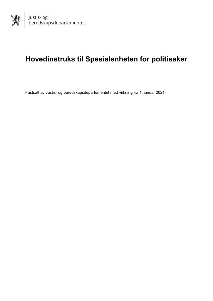 Forsiden av dokumentet Hovedinstruks Spesialenheten for politisaker 2021