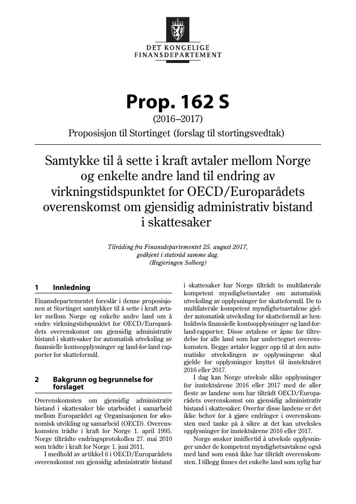 Forsiden av dokumentet Prop. 162 S (2016–2017)