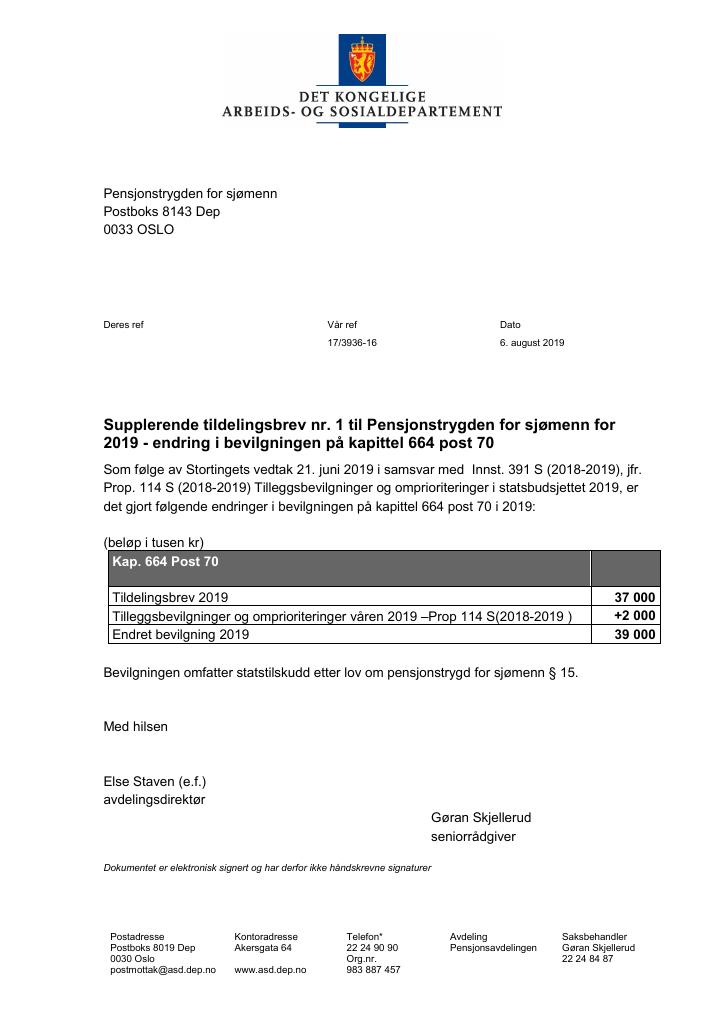 Forsiden av dokumentet Tildelingsbrev Maritim pensjonskasse 2019 - tillegg nr. 1 og nr. 2