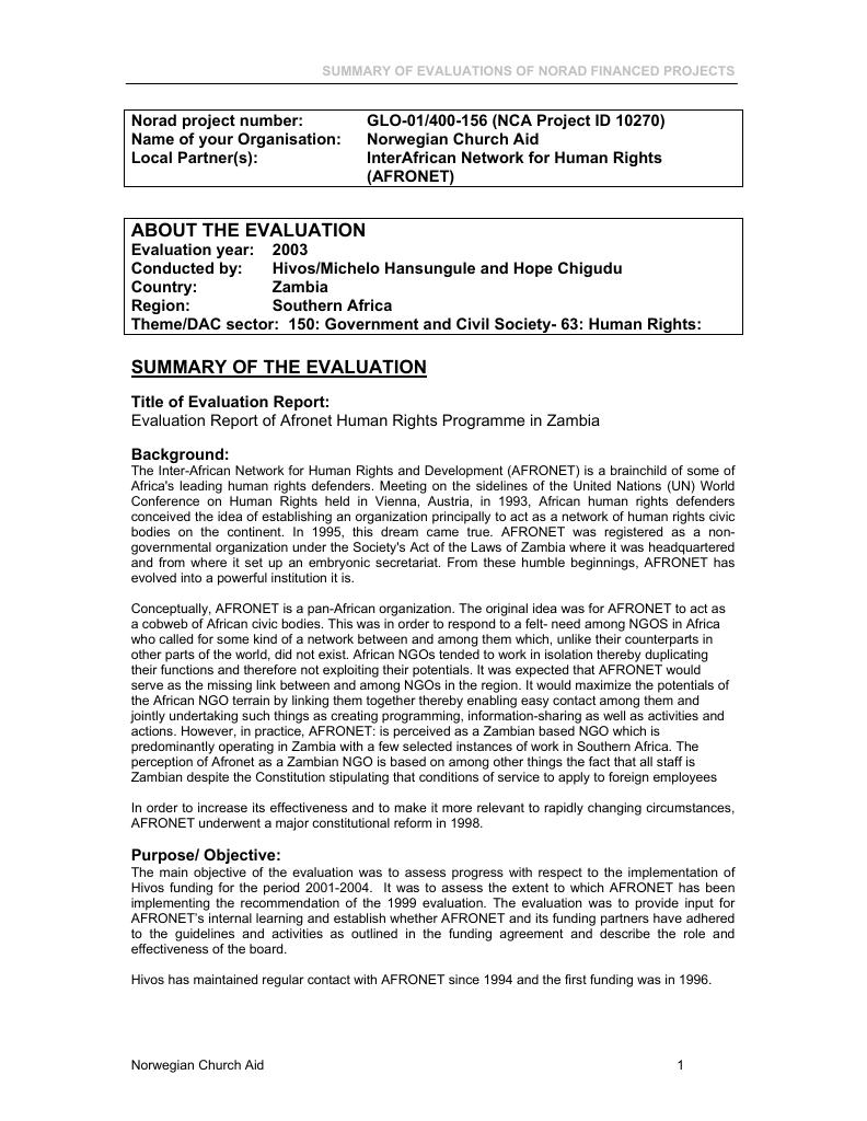 Forsiden av dokumentet Evaluation Report of Afronet Human Rights Programme in Zambia