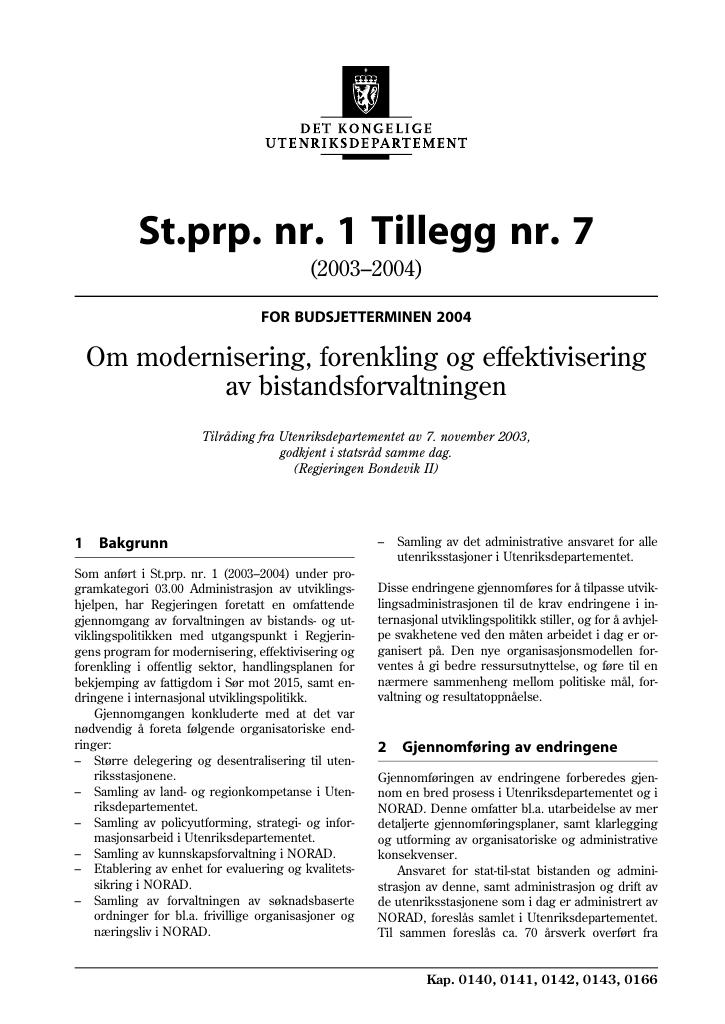 Forsiden av dokumentet St.prp nr. 1 Tillegg nr. 7 (2003-2004)