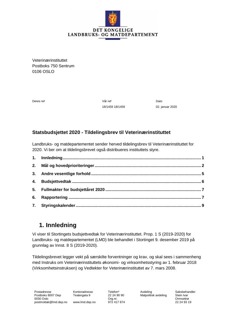 Forsiden av dokumentet Tildelingsbrev Veterinærinstituttet 2020