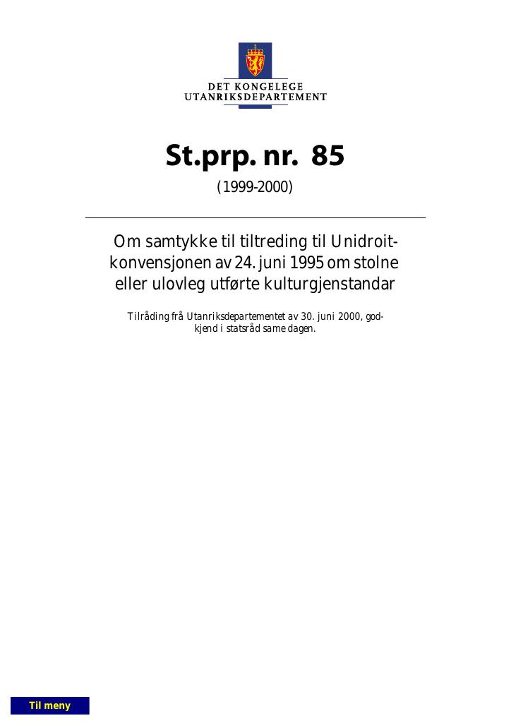 Forsiden av dokumentet St.prp. nr. 85 (1999-2000)