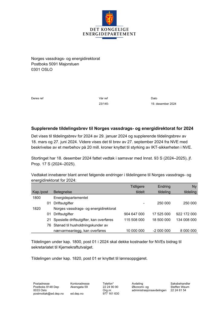 Forsiden av dokumentet Tildelingsbrev Norges vassdrags- og energidirektorat 2024 - tillegg nr. 3