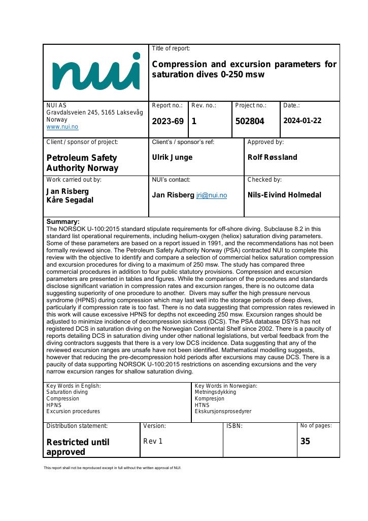 Forsiden av dokumentet Compression and excursion parameters for saturation dives 0-250 msw