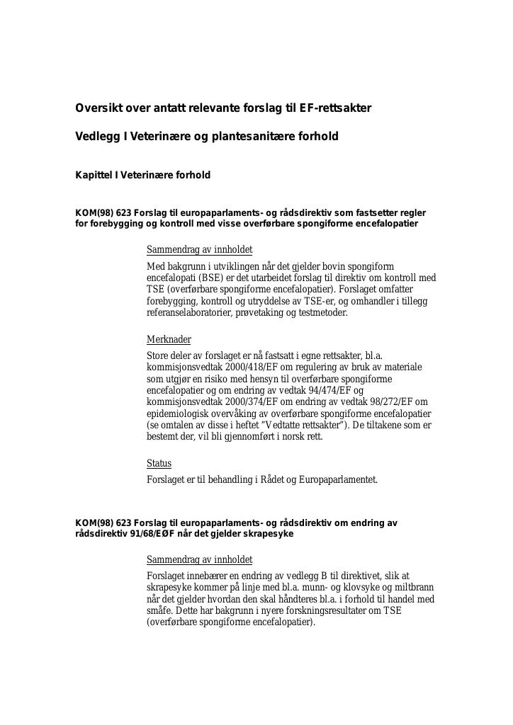 Forsiden av dokumentet Oversikt over antatt EØS-relevante forslag til EF-rettsakter pr. oktober 2000
