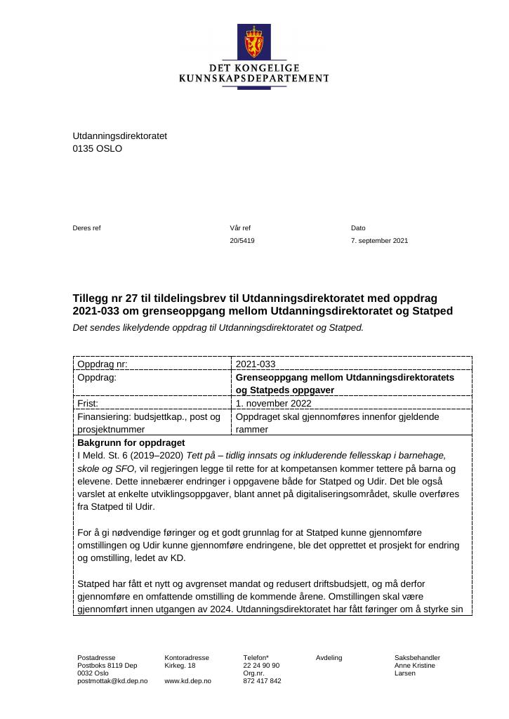 Forsiden av dokumentet Tildelingsbrev Utdanningsdirektoratet 2021 - tillegg nr. 27