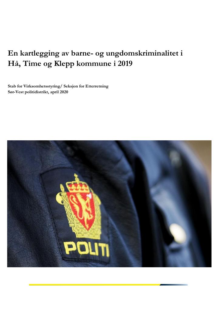 Forsiden av dokumentet En kartlegging av ungdomskriminalitet i Time Hå og Klepp 2019