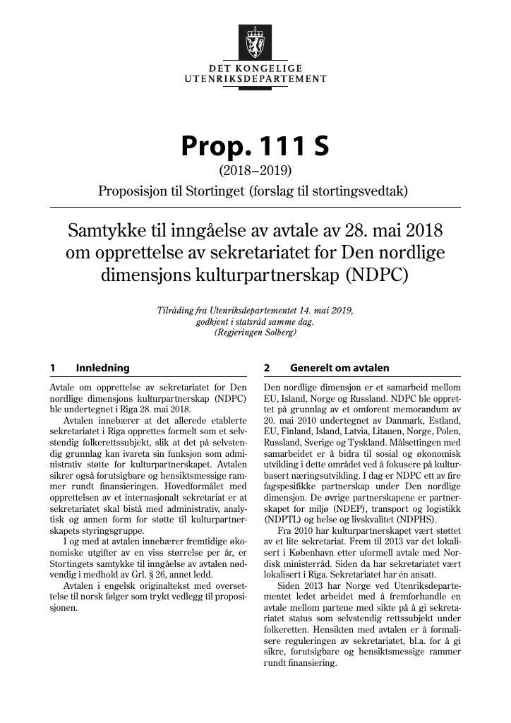 Forsiden av dokumentet Prop. 111 S (2018–2019)