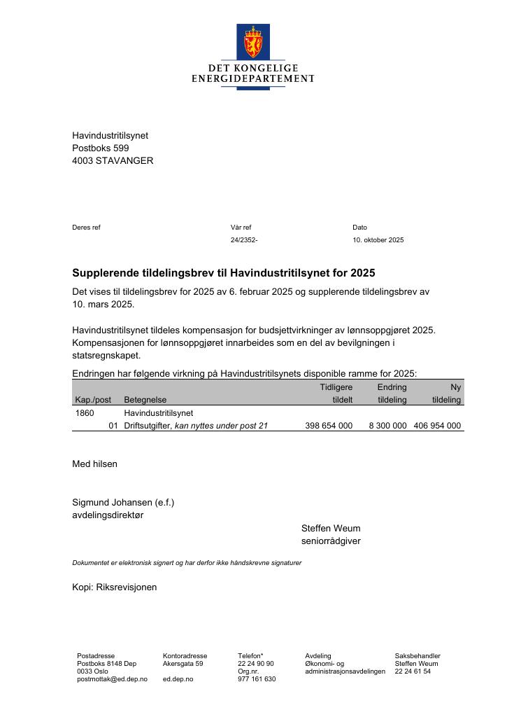 Forsiden av dokumentet Tildelingsbrev Havindustritilsynet 2025 - tillegg nr. 2