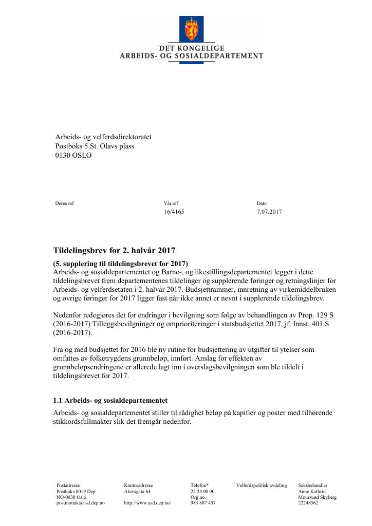 Forsiden av dokumentet Tildelingsbrev Arbeids- og velferdsdirektoratet 2017 - tillegg nr. 2