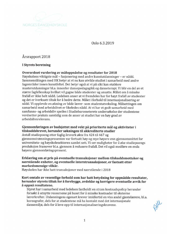 Forsiden av dokumentet Årsrapport Norges dansehøyskole 2018