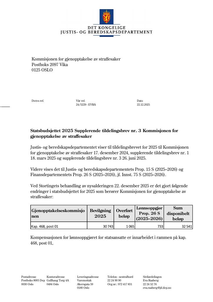 Forsiden av dokumentet Tildelingsbrev Kommisjonen for gjenopptakelse av straffesaker 2025 - tillegg nr. 3