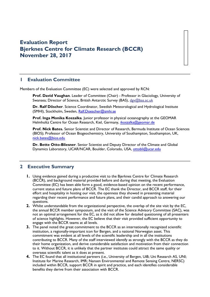 Forsiden av dokumentet Evaluation Report Bjerknes Centre for Climate Research