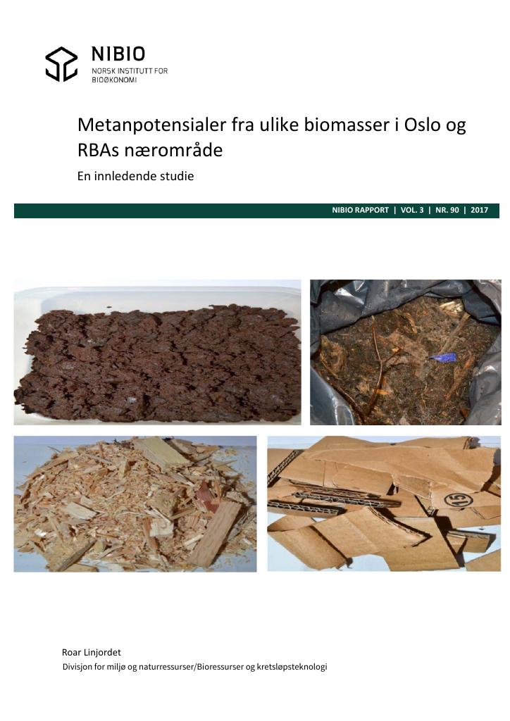 Forsiden av dokumentet Metanpotensialer fra ulike biomasser i Oslo og RBAs nærområde