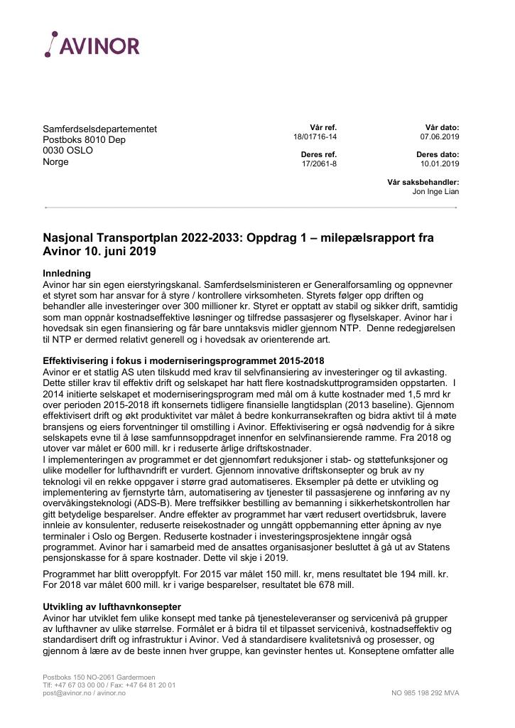 Forsiden av dokumentet Nasjonal Transportplan 2022-2033: Oppdrag 1 – milepælsrapport fra Avinor 10. juni 2019