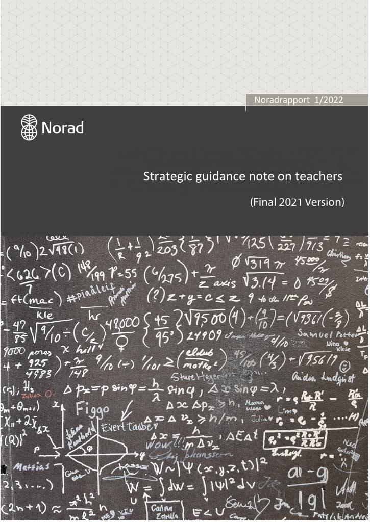 Forsiden av dokumentet Strategic guidance note for increased efforts and improved coherence in Norad’s support to quality through increased focus on teachers (Final 2021 Version)