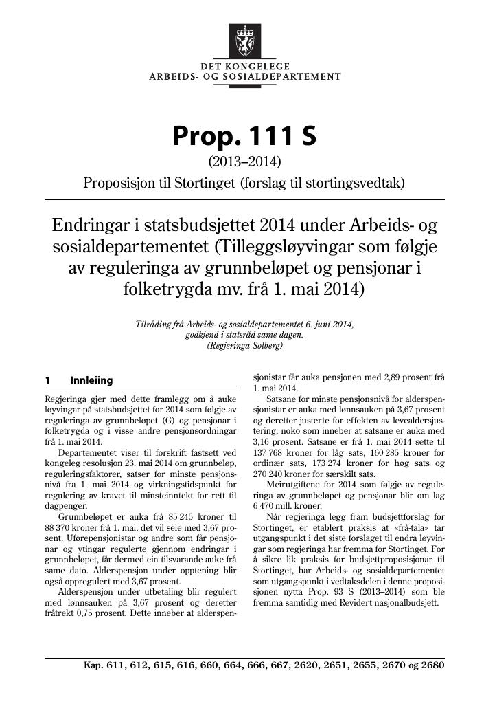 Forsiden av dokumentet Prop. 111 S (2013–2014)