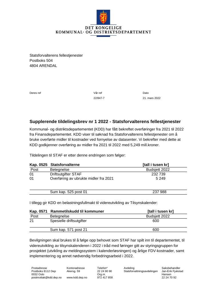 Forsiden av dokumentet Tildelingsbrev Statsforvalterens fellestjenester 2022 - tillegg nr. 1