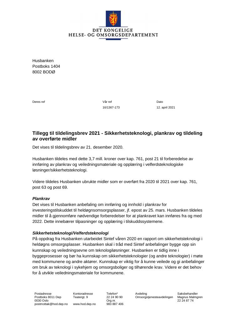 Forsiden av dokumentet Tildelingsbrev Husbanken 2021 - tillegg nr. 2