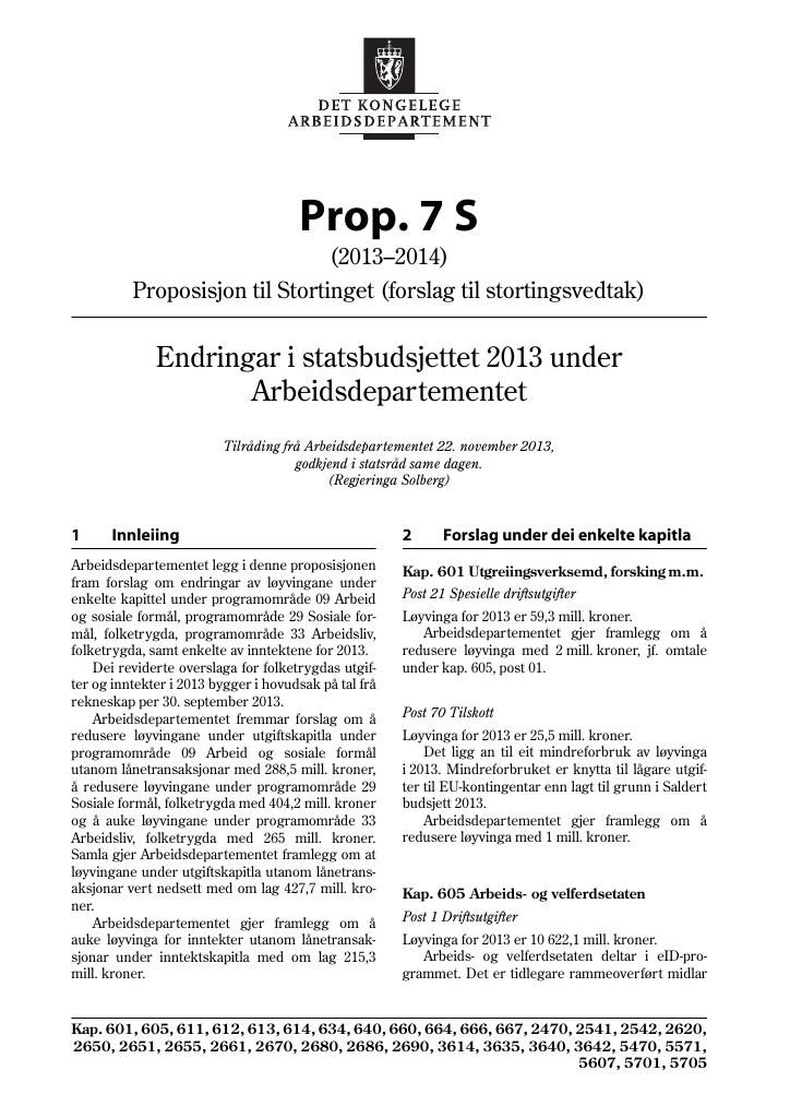 Forsiden av dokumentet Prop. 7 S (2013–2014)