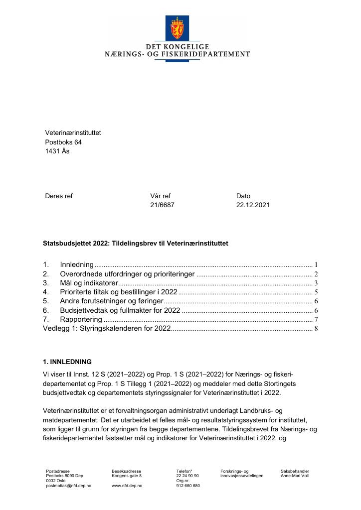 Forsiden av dokumentet Tildelingsbrev Veterinærinstituttet 2022