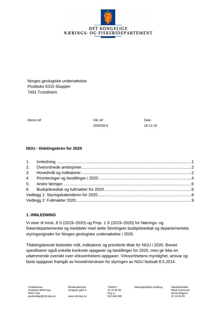 Forsiden av dokumentet Tildelingsbrev Norges geologiske undersøkelse 2020