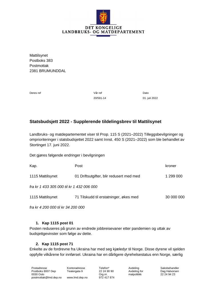 Forsiden av dokumentet Tildelingsbrev Mattilsynet 2022 - tillegg