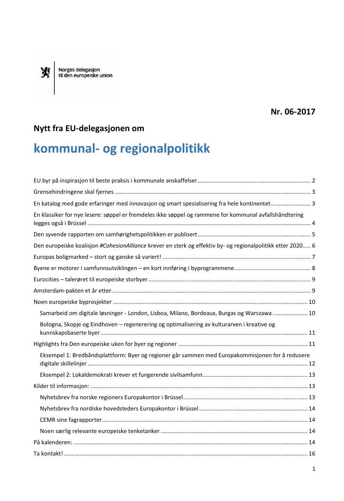 Forsiden av dokumentet Nytt fra EU-delegasjonen om kommunal- og regionalpolitikk (6/2017)