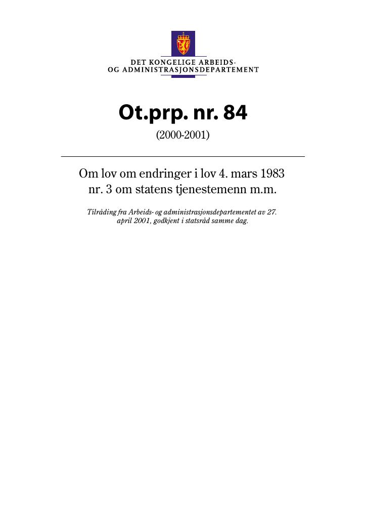 Forsiden av dokumentet Ot.prp. nr. 84 (2000-2001)
