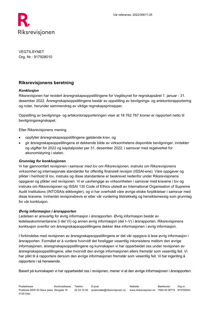 Forsiden av dokumentet Revisjonsberetning Vegtilsynet 2023