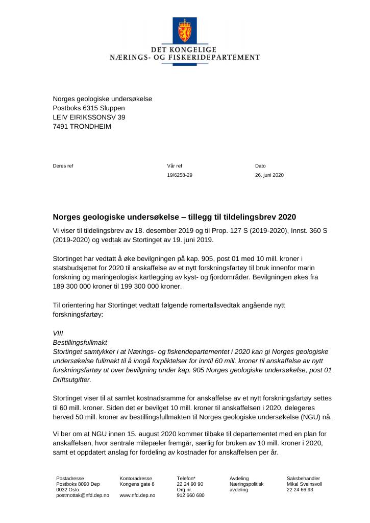 Forsiden av dokumentet Tildelingsbrev Norges geologiske undersøkelse 2020 - tillegg nr. 1