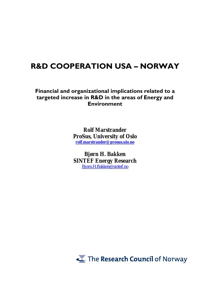 Forsiden av dokumentet R & D Cooperation USA - Norway