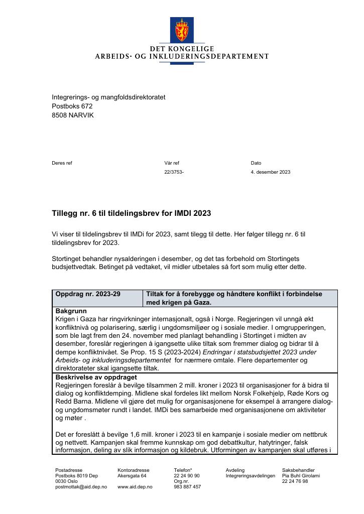 Forsiden av dokumentet Tildelingsbrev Integrerings- og mangfoldsdirektoratet (IMDi) 2023 - tillegg nr. 6