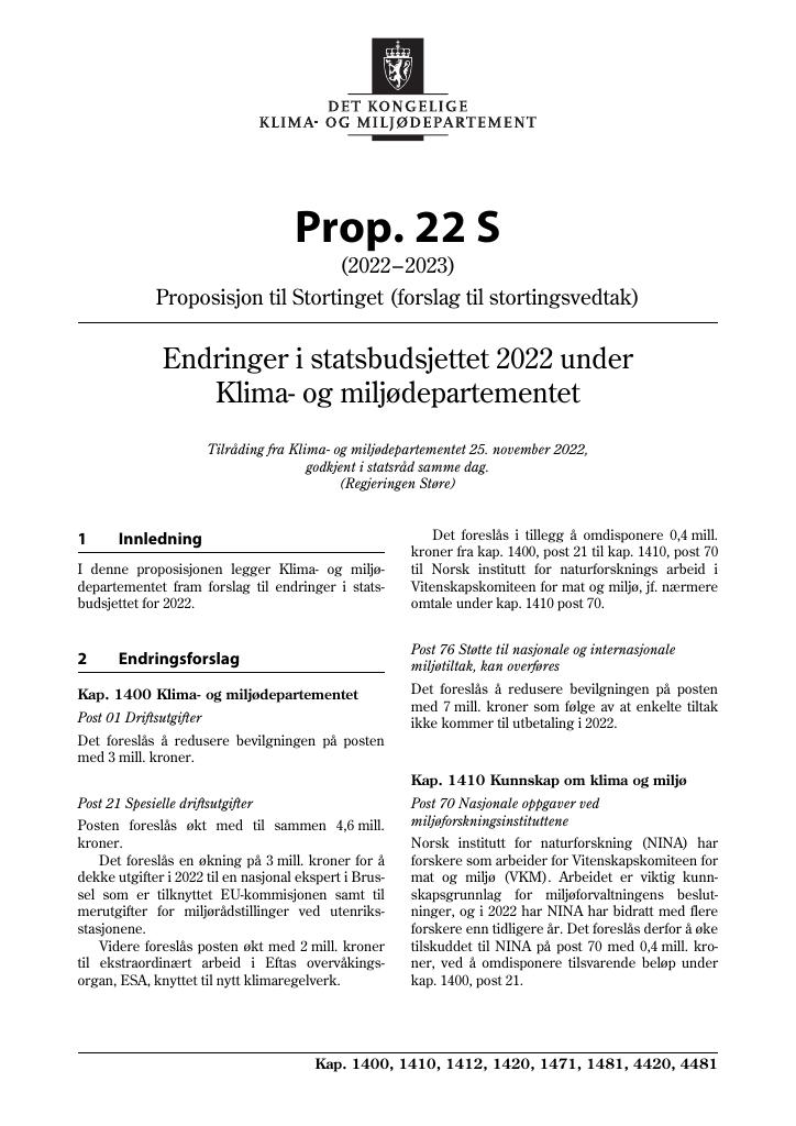 Forsiden av dokumentet Prop. 22 S (2022–2023)