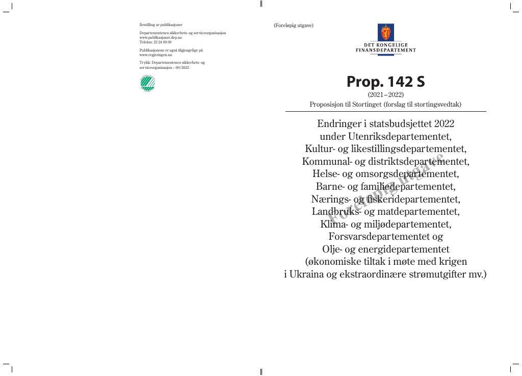 Forsiden av dokumentet Prop. 142 S (2021–2022)