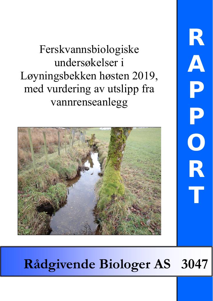 Forsiden av dokumentet Ferskvannsbiologiske undersøkelser i Løyningsbekken høsten 2019, med vurdering av utslipp fra vannrenseanlegg