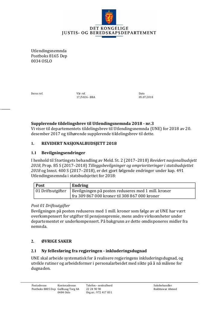 Forsiden av dokumentet Supplerende tildelingsbrev nr. 3 Utlendingsnemnda 2018