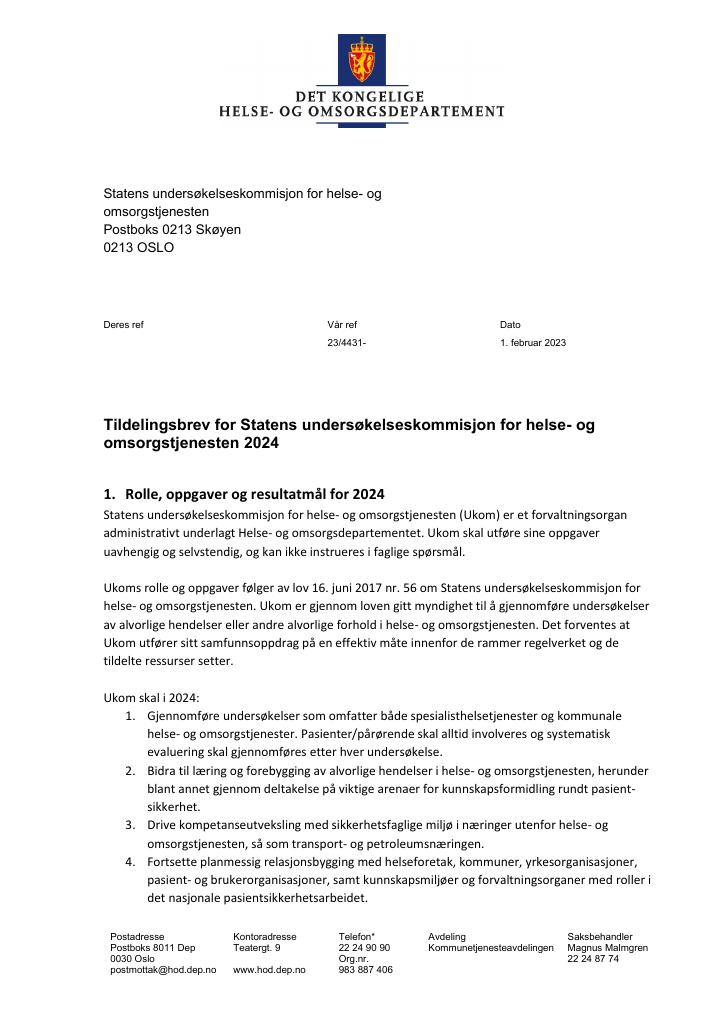 Forsiden av dokumentet Tildelingsbrev Statens undersøkelseskommisjon for helse- og omsorgstjenesten (Ukom) 2024