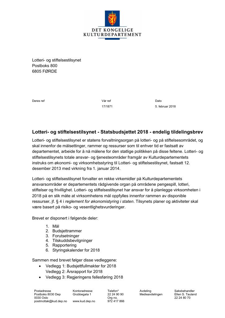 Forsiden av dokumentet Tildelingsbrev Lotteri- og stiftelsestilsynet 2018