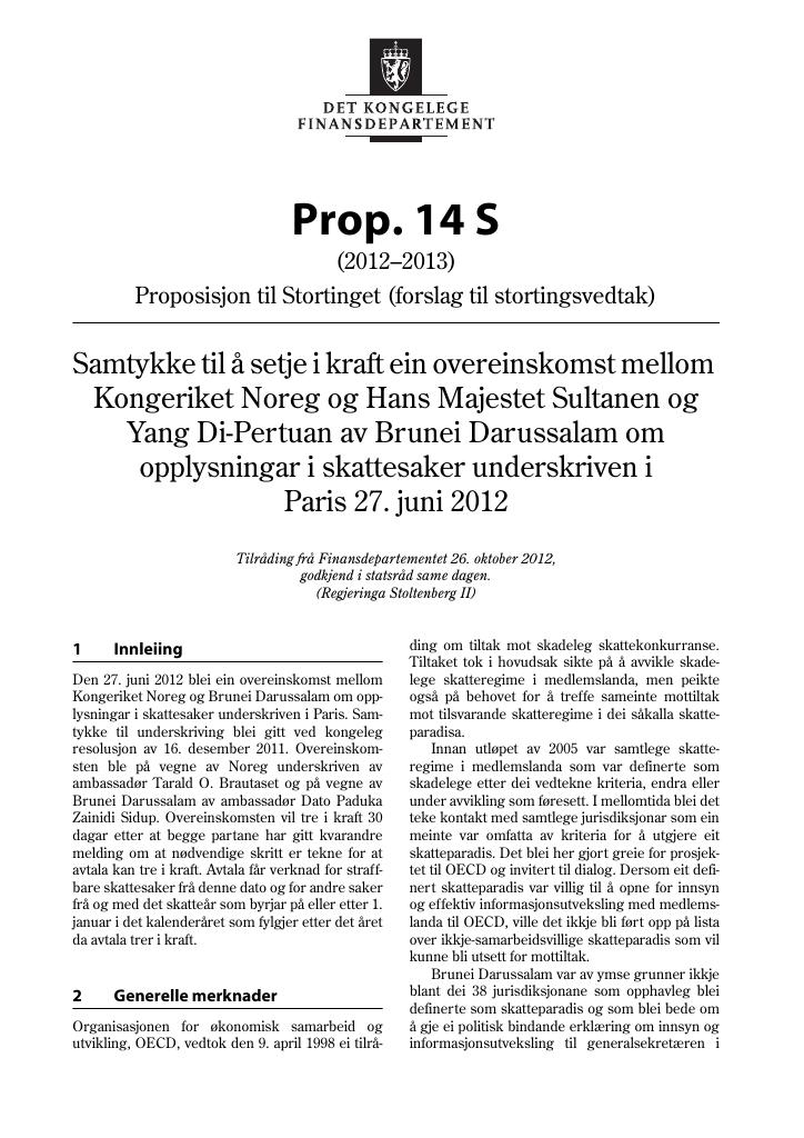 Forsiden av dokumentet Prop. 14 S (2012–2013)