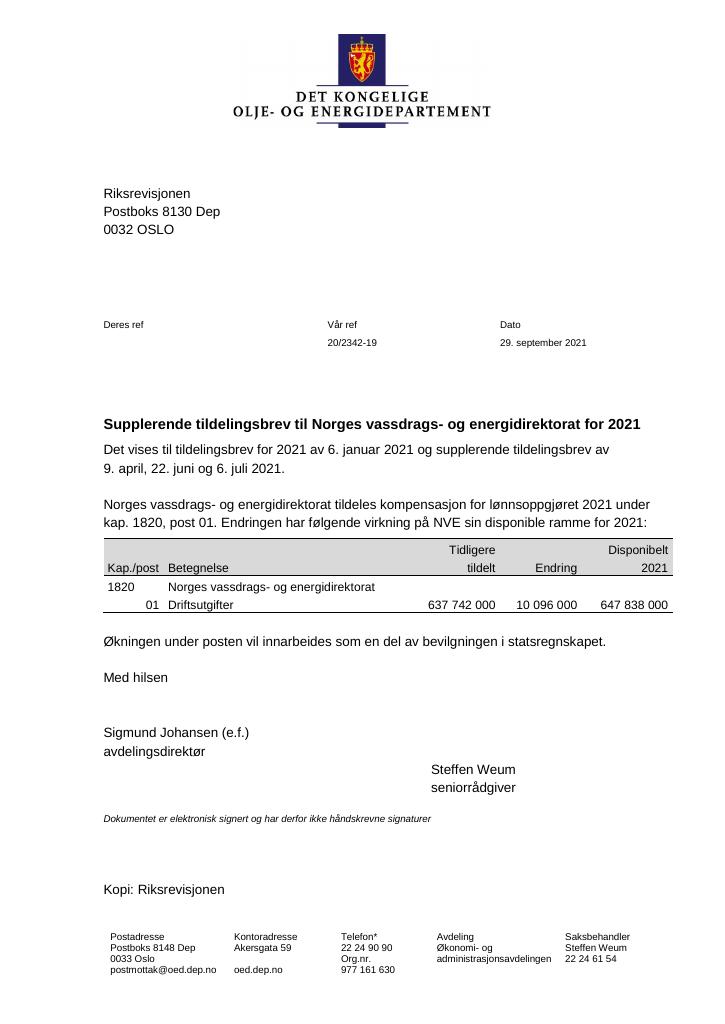 Forsiden av dokumentet Tildelingsbrev Norges vassdrags- og energidirektorat 2021 - tillegg nr. 4