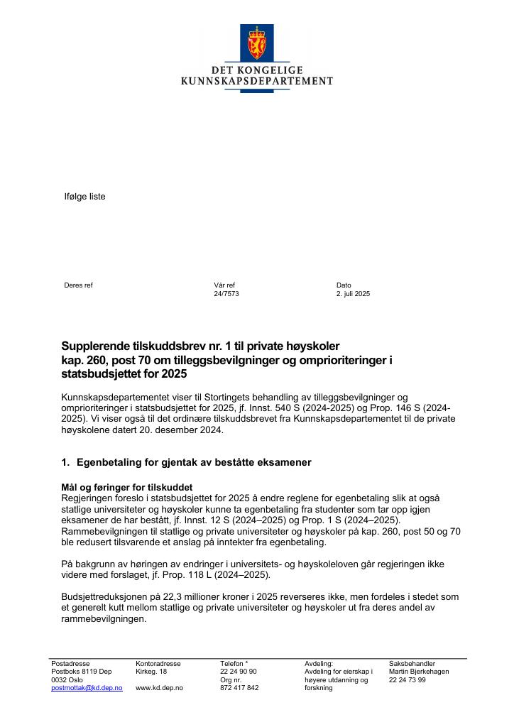 Forsiden av dokumentet Tilskuddsbrev Tilskuddsbrev private høyskoler 2025 - tillegg nr. 1
