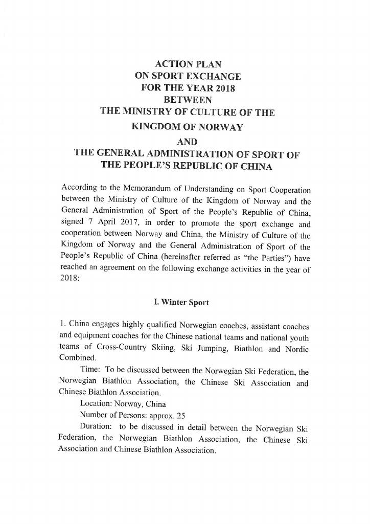 Forsiden av dokumentet Action Plan on sport exchange for the year 2018 between the Ministry of Culture of the Kingdom of Norway and the General Administration of Sport of the People's Republic of China