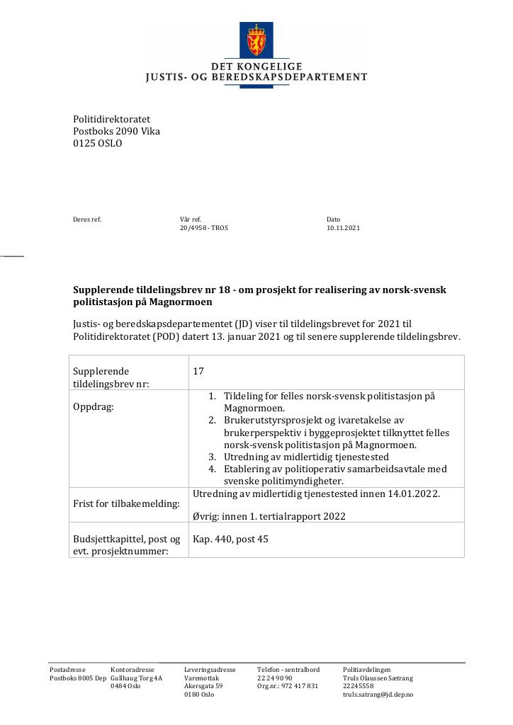 Forsiden av dokumentet Tildelingsbrev Politidirektoratet 2021 - tillegg nr. 18