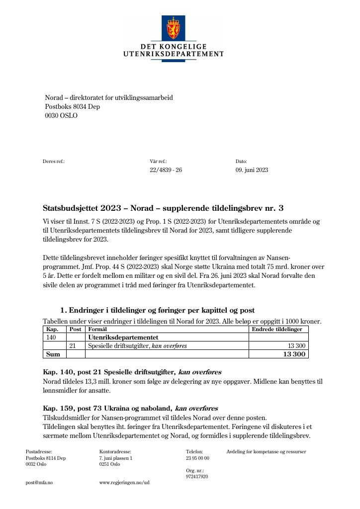 Forsiden av dokumentet Tildelingsbrev Norad 2023 - tillegg nr. 3