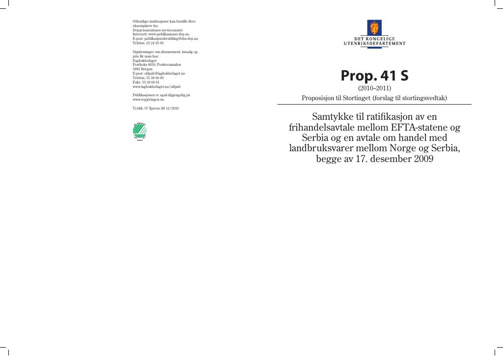 Forsiden av dokumentet Prop. 41 S (2010–2011)