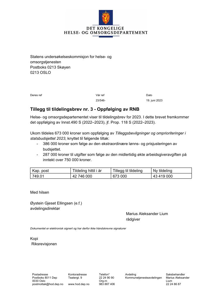 Forsiden av dokumentet Tildelingsbrev Statens undersøkelseskommisjon for helse- og omsorgstjenesten (Ukom) 2023 - supplerende 3